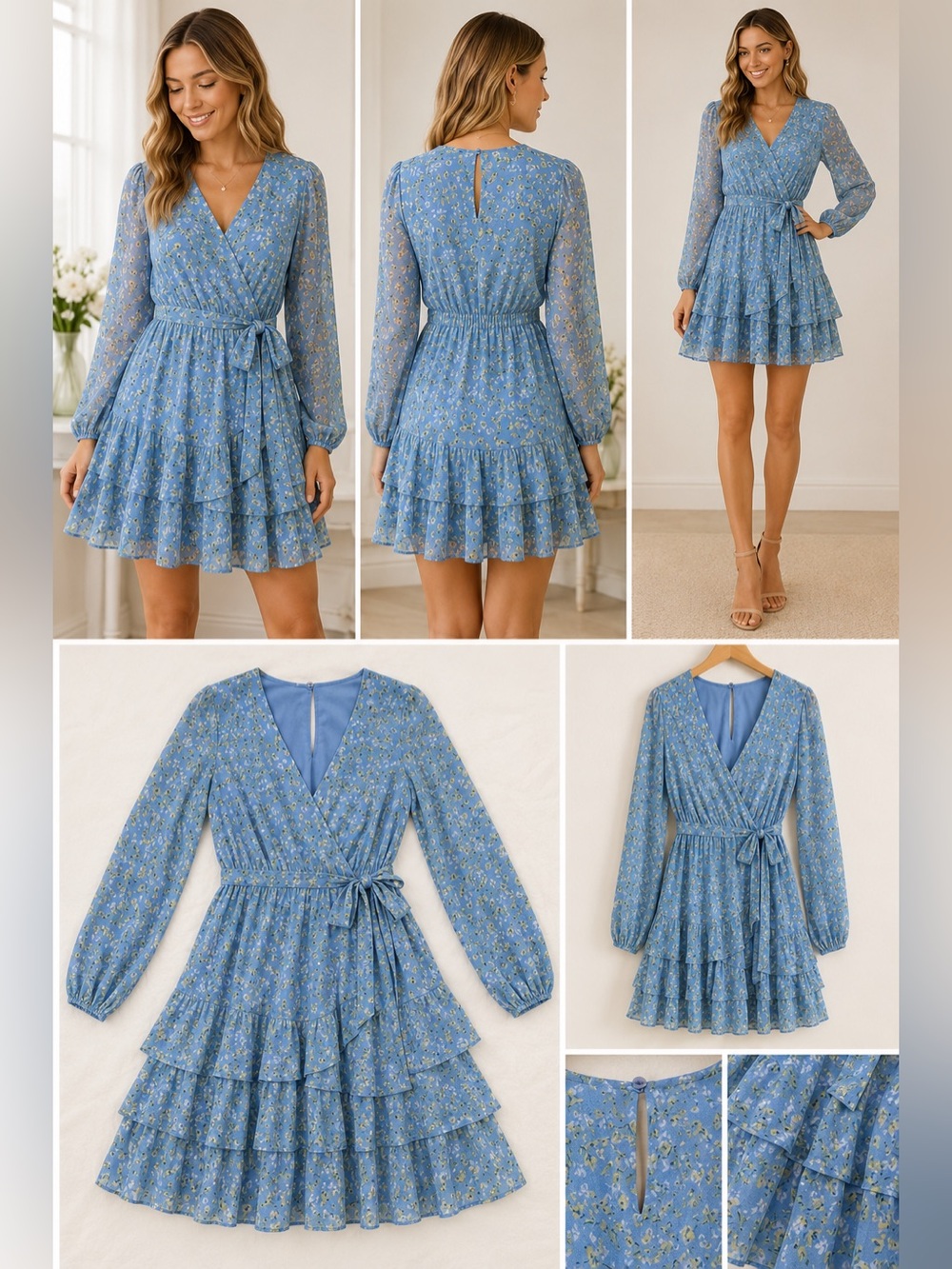 Japna Blue Floral Faux Wrap Mini Dress Women’s Small L/S Tie Waist Cottagecore